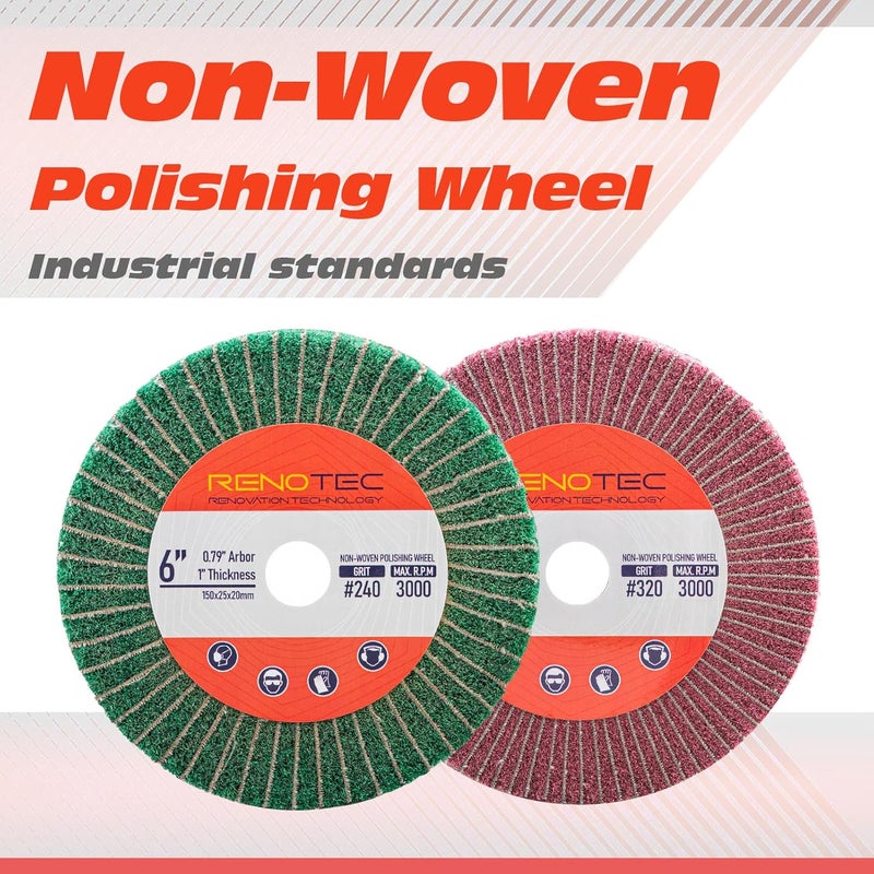 RENOTEC 6 Inch Flap Wheel, Non-Woven Abrasive Polishing Wheel, 1 Inch Thickness, 3/4 Inch Arbor, for Bench Grinder (Assorted Grit240 Grit320 SP) - Image 2